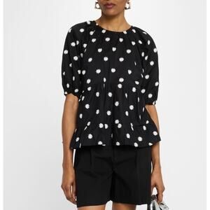 Merlette New York Black White Bow Embroidered Tiered Puff Sleeve Blouse Small